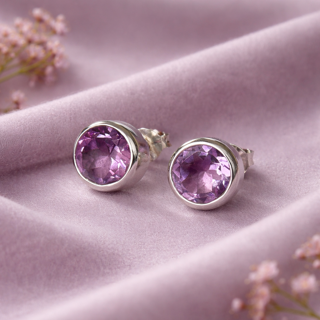 8mm Sterling Silver Amethyst Stud Earrings.
