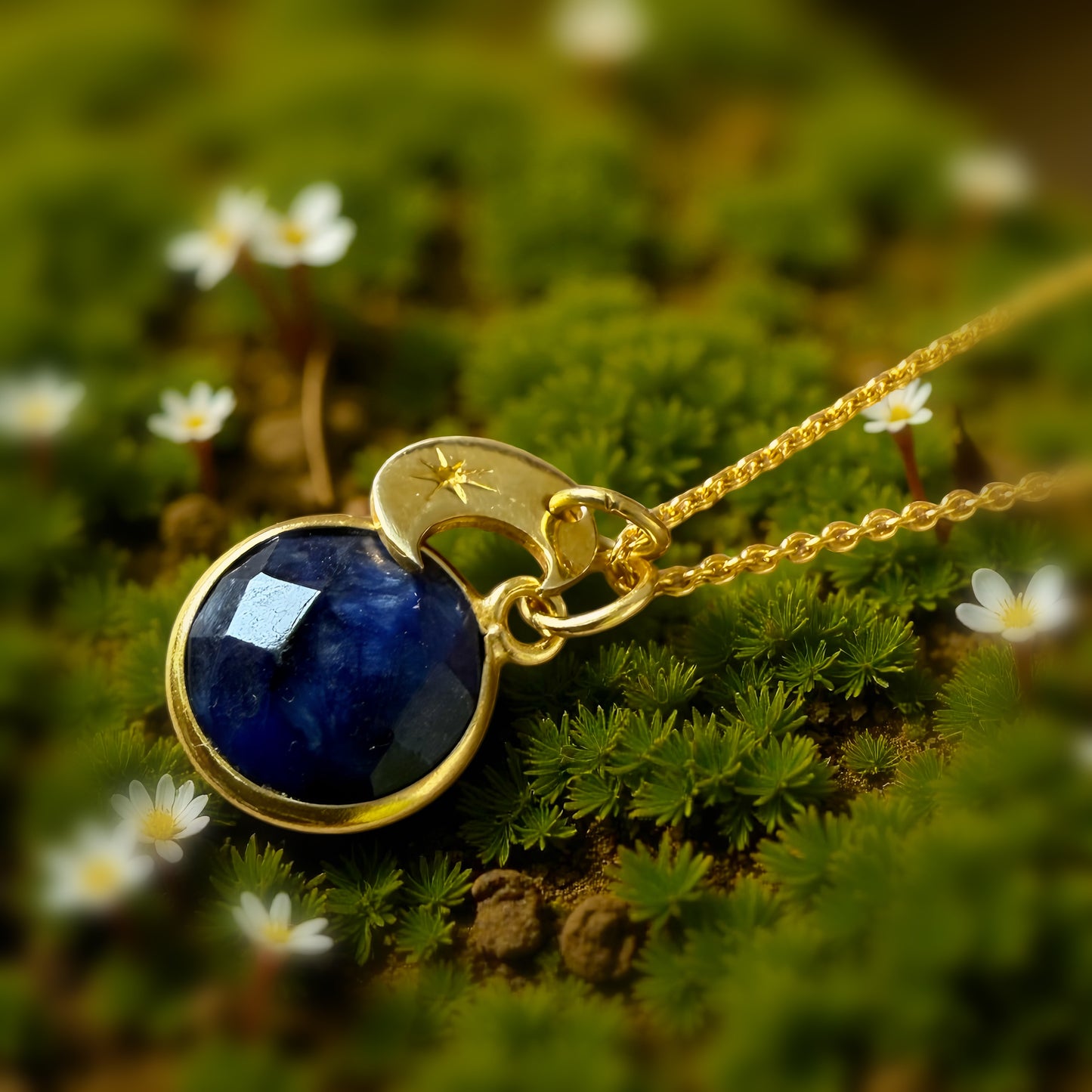 Sapphire & Crescent Moon Gold Vermeil Necklace