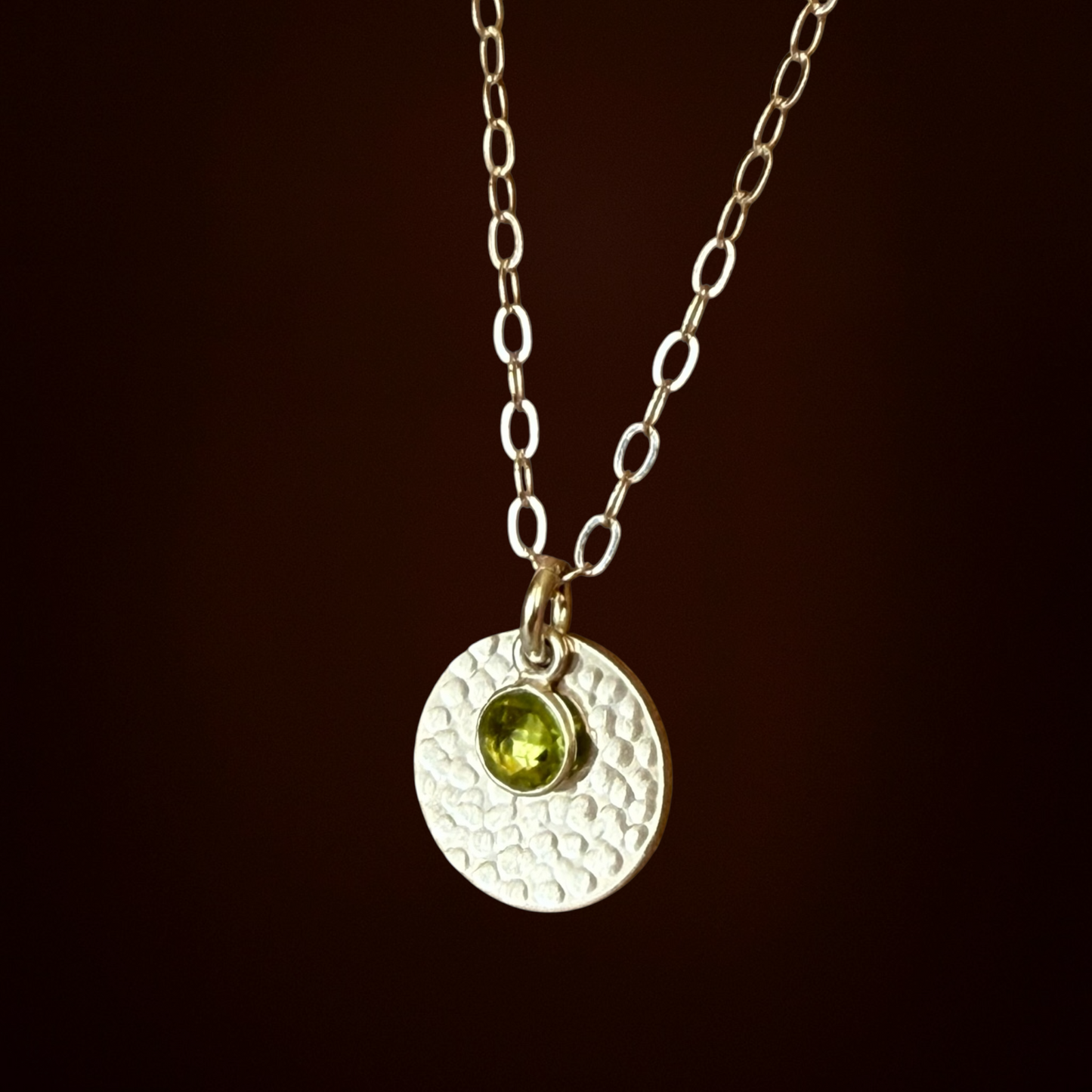 Minimalist Sterling Silver Disc Necklace with Green Peridot Charm