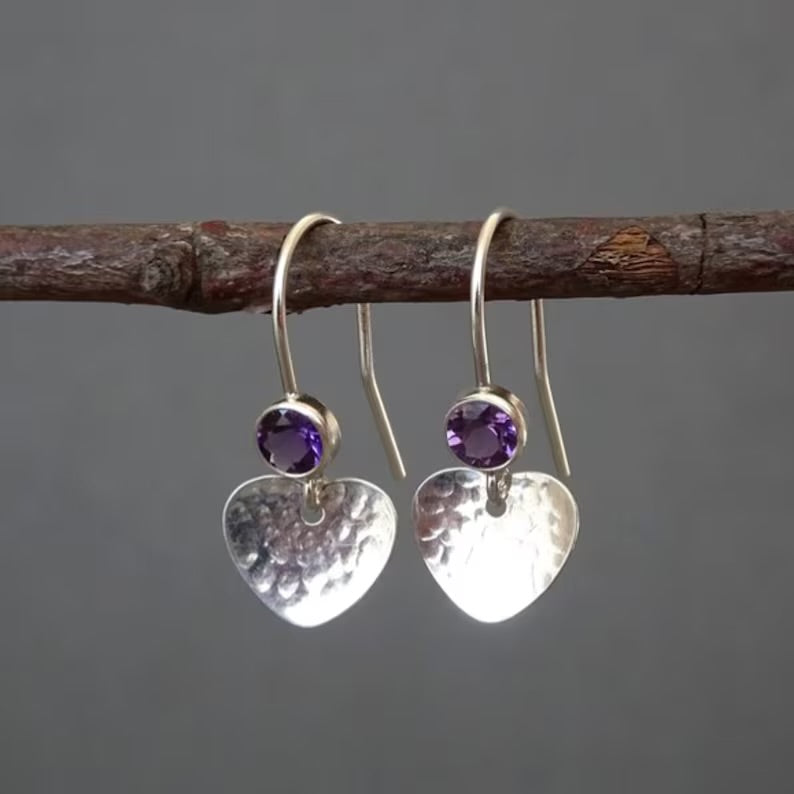 Amethyst & Hammered Heart Earrings in Sterling Silver