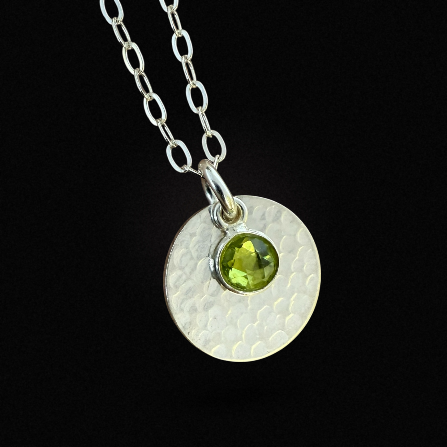 Minimalist Sterling Silver Disc Necklace with Green Peridot Charm
