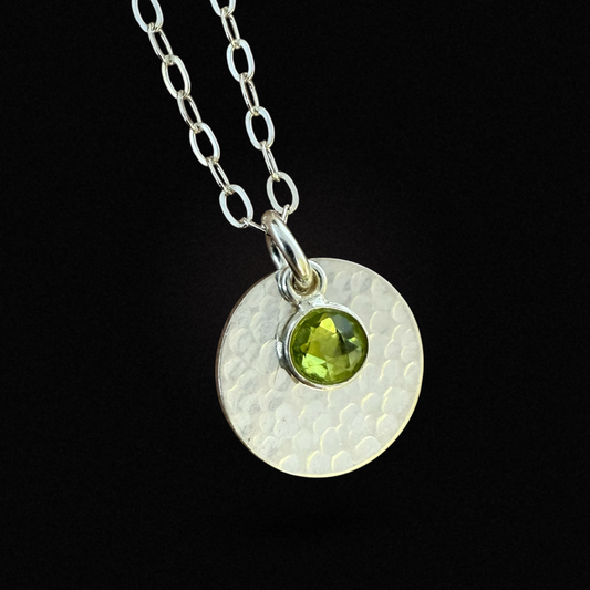 Minimalist Sterling Silver Disc Necklace with Green Peridot Charm