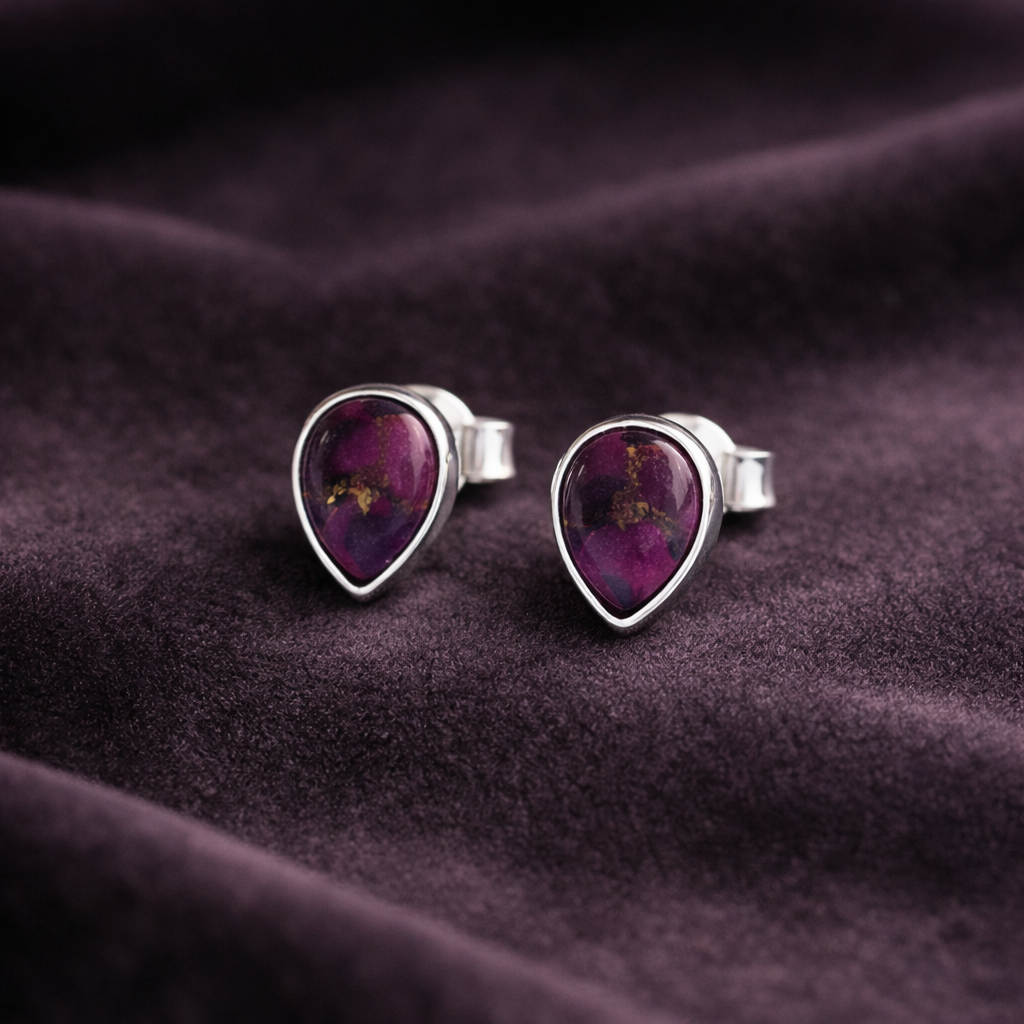Purple Mohave Turquoise Teardrop Stud Earrings in 925 Sterling Silver