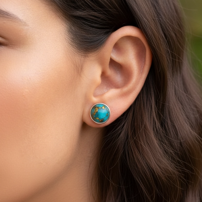 Blue Mohave Round Stud Earrings in 925 Sterling Silver
