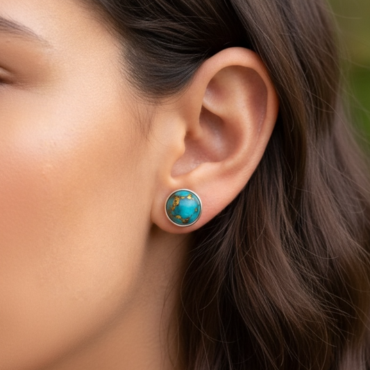 Blue Mohave Round Stud Earrings in 925 Sterling Silver