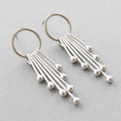 Sterling silver circle and droplets stud earrings.