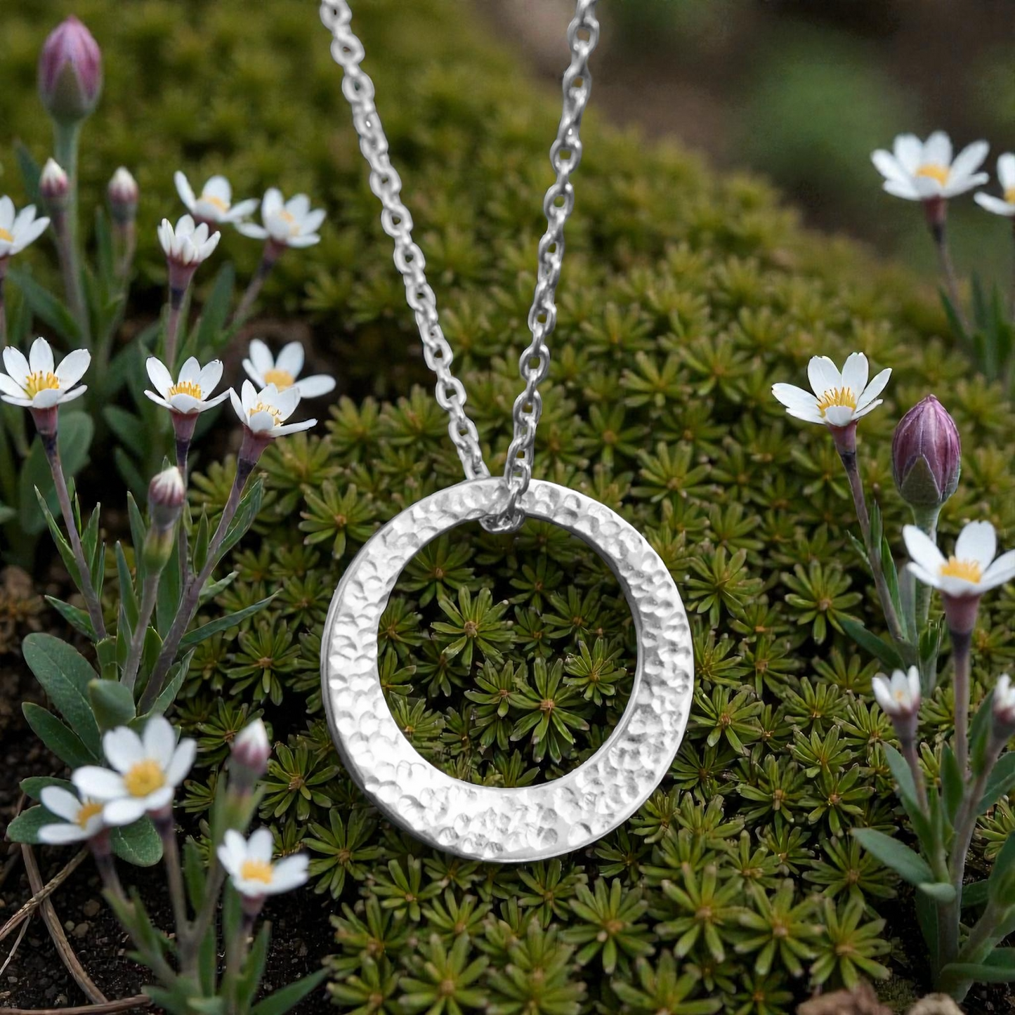 Minimalist hammered sterling silver washer necklace.