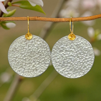 Large hammered sterling silver disc earrings