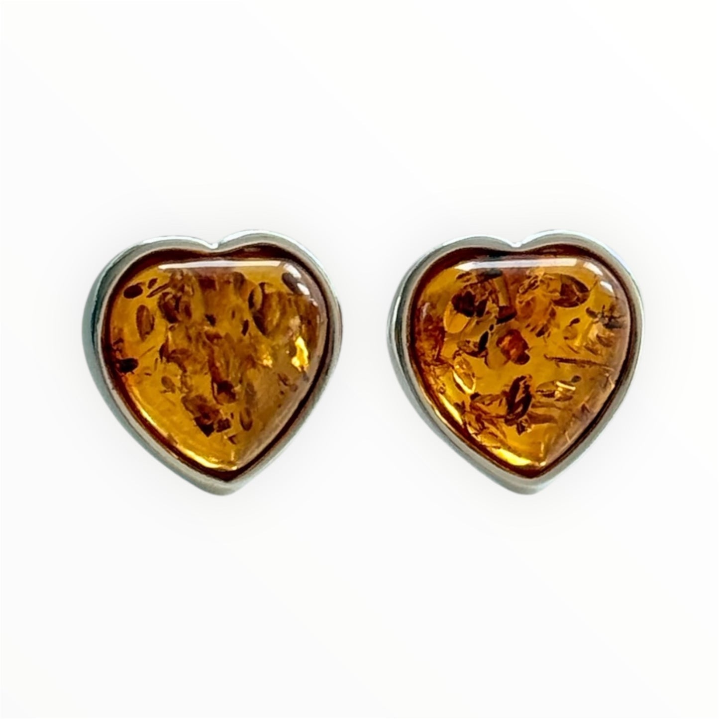 Sterling Silver and Baltic Amber Heart Stud Earrings