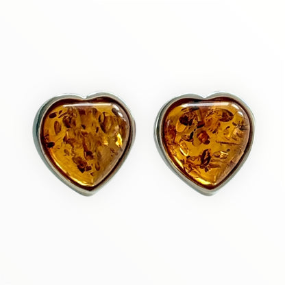 Sterling Silver and Baltic Amber Heart Stud Earrings