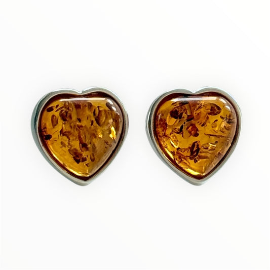 Sterling Silver and Baltic Amber Heart Stud Earrings