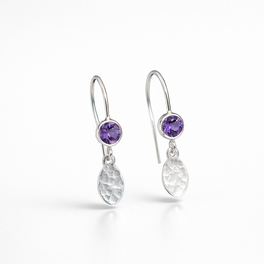 Amethyst February birthstone sterling silver earrings, hammered dangle ovals.