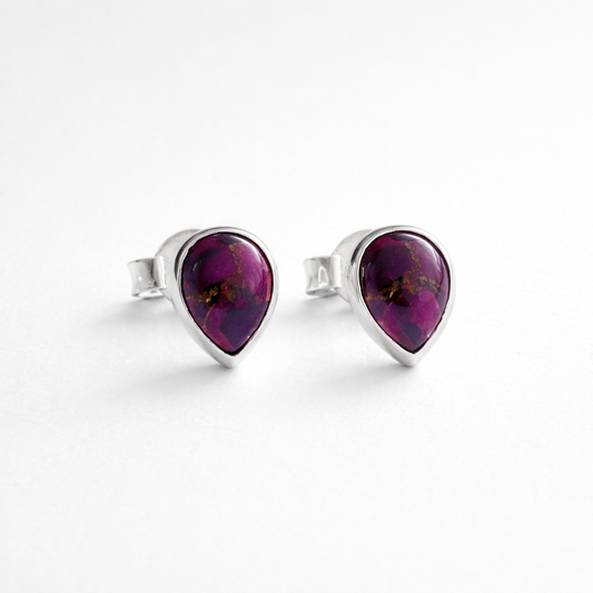 Purple Mohave Turquoise Teardrop Stud Earrings in 925 Sterling Silver