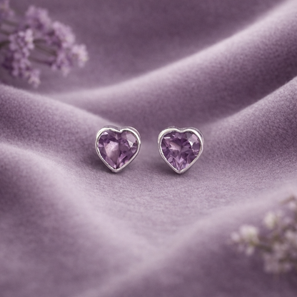 Amethyst Heart Stud Earrings in 925 Sterling Silver