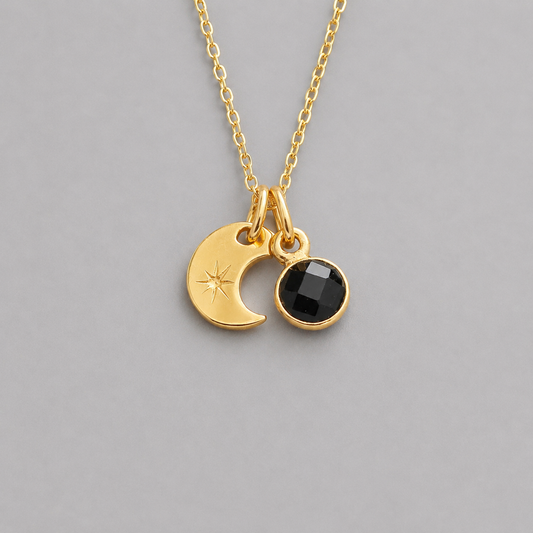 Black onyx and crescent moon charm 24k gold vermeil necklace
