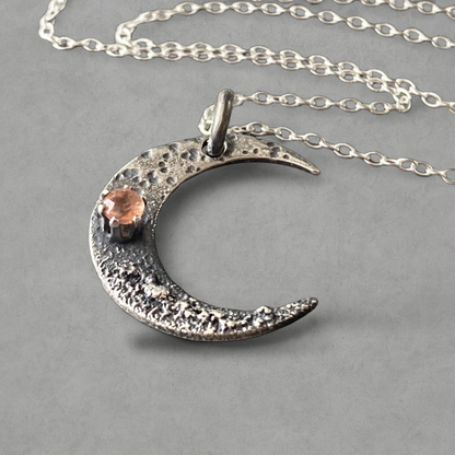 Sunstone crescent moon oxidised sterling silver necklace