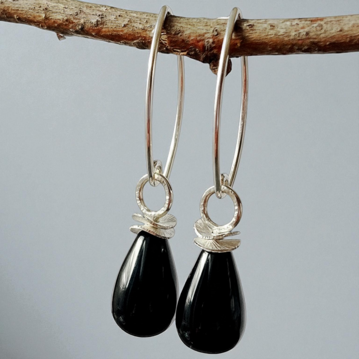 Black onyx briolette sterling silver earrings