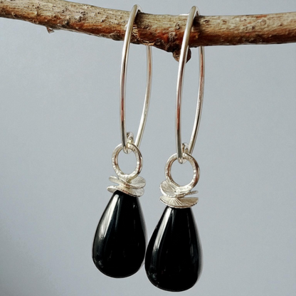Black onyx briolette sterling silver earrings