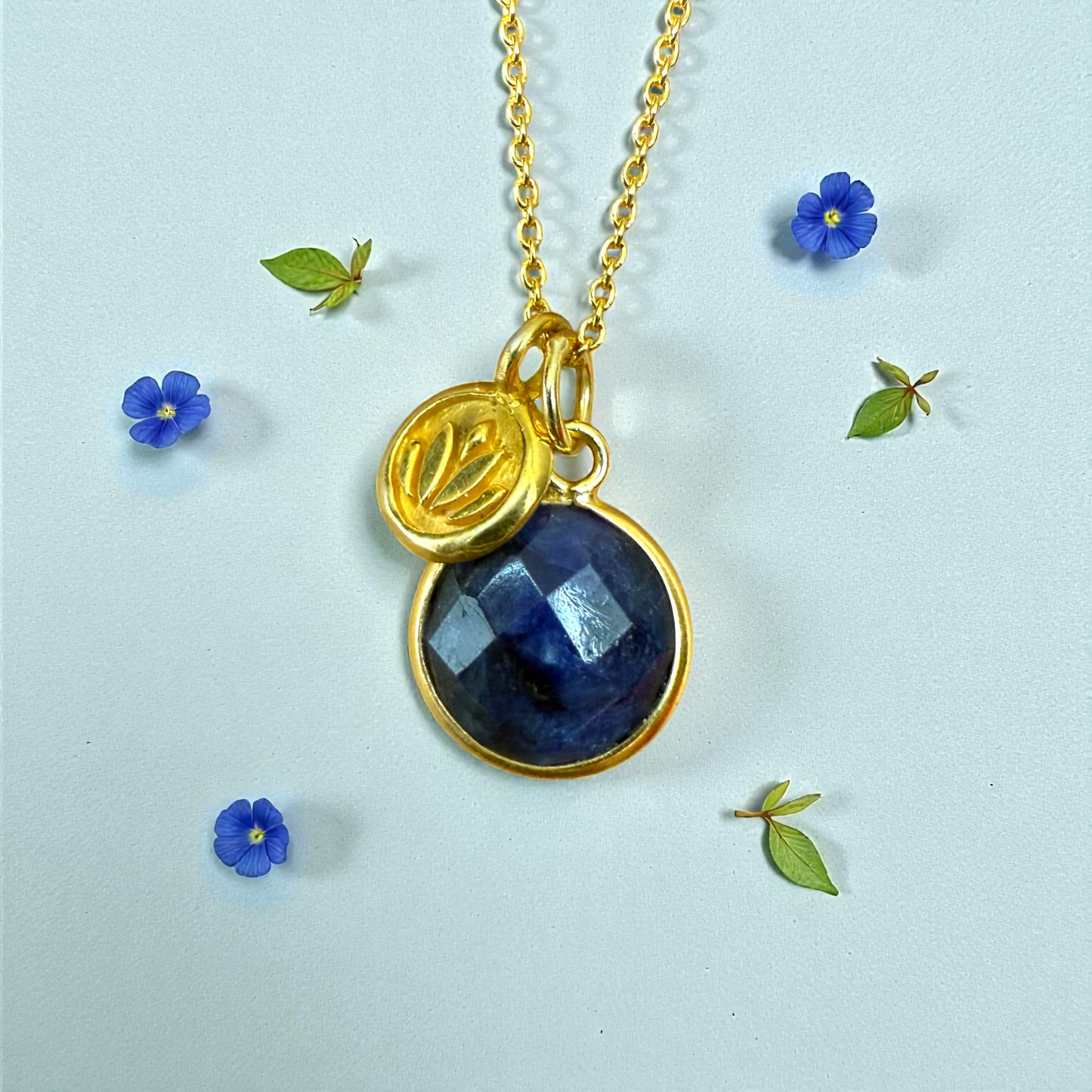 Sapphire & Lotus Charm 24k Gold Vermeil Necklace