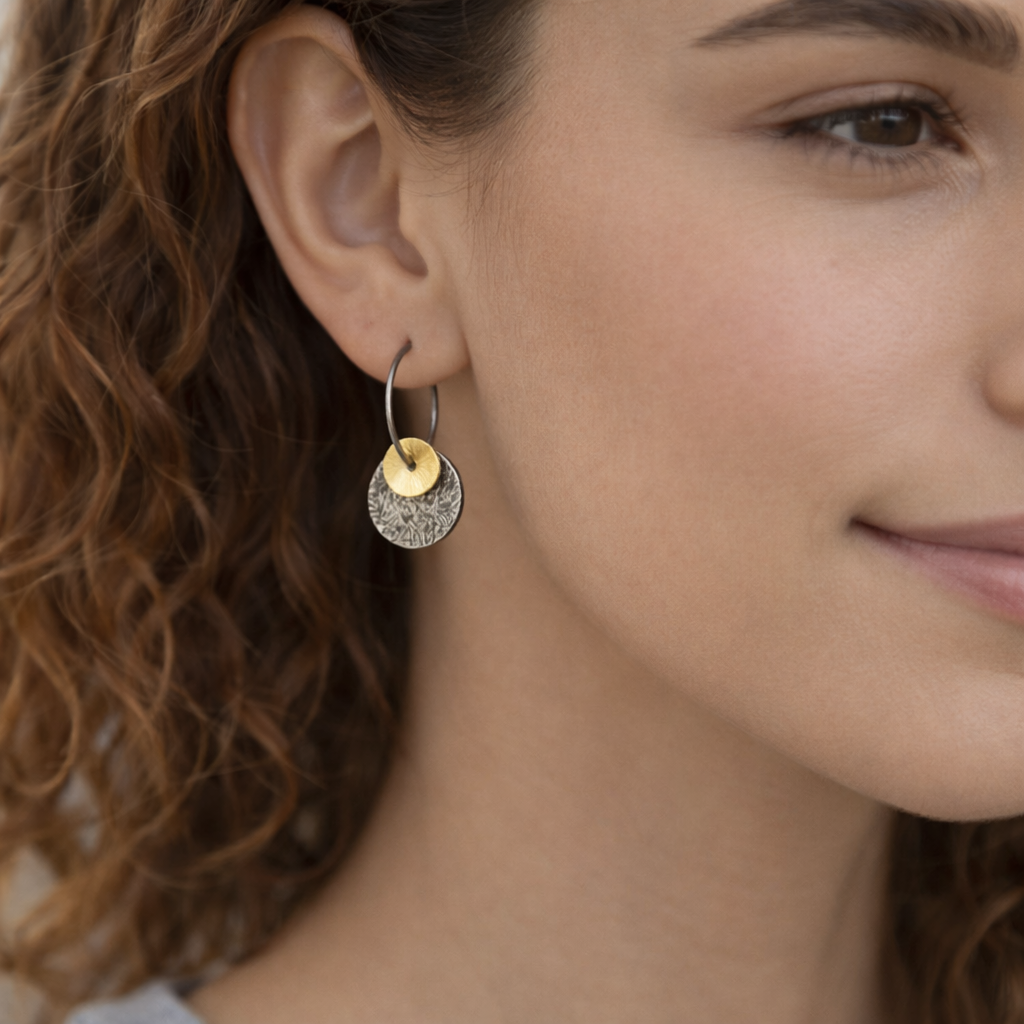 Oxidised sterling silver disc earrings.