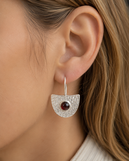 Hammered Sterling Silver Garnet Fan Earrings