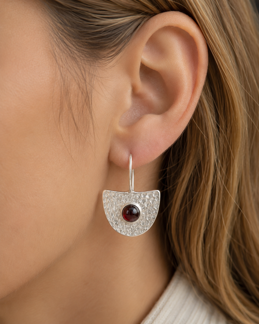 Hammered Sterling Silver Garnet Fan Earrings