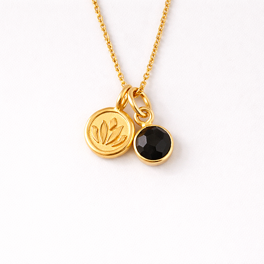 Black onyx, lotus charm, 24k gold vermeil necklace