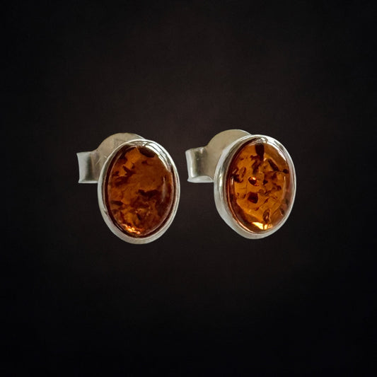 Sterling Silver Baltic Amber Oval Stud Earrings
