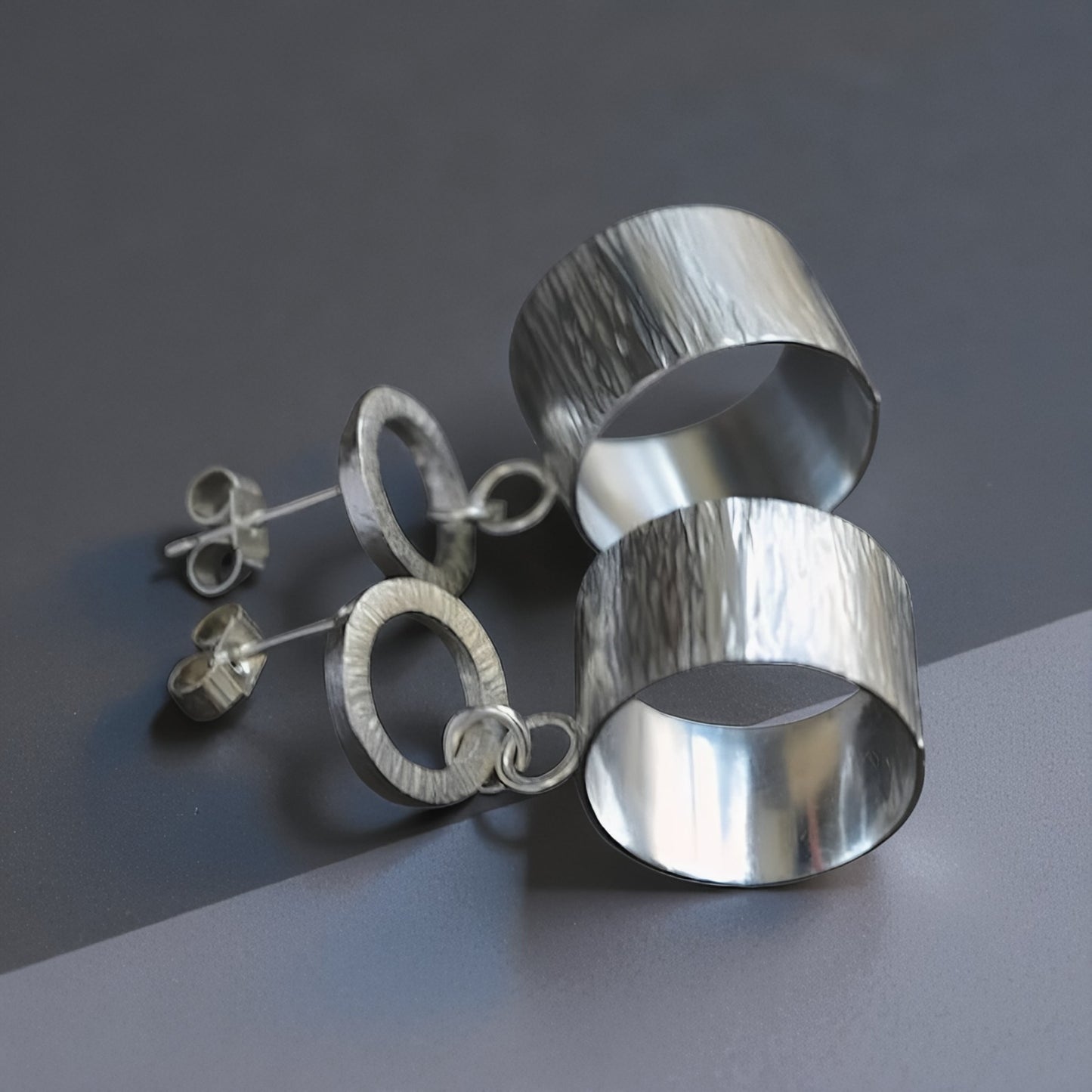 Artisan oxidised sterling silver circle stud earrings.