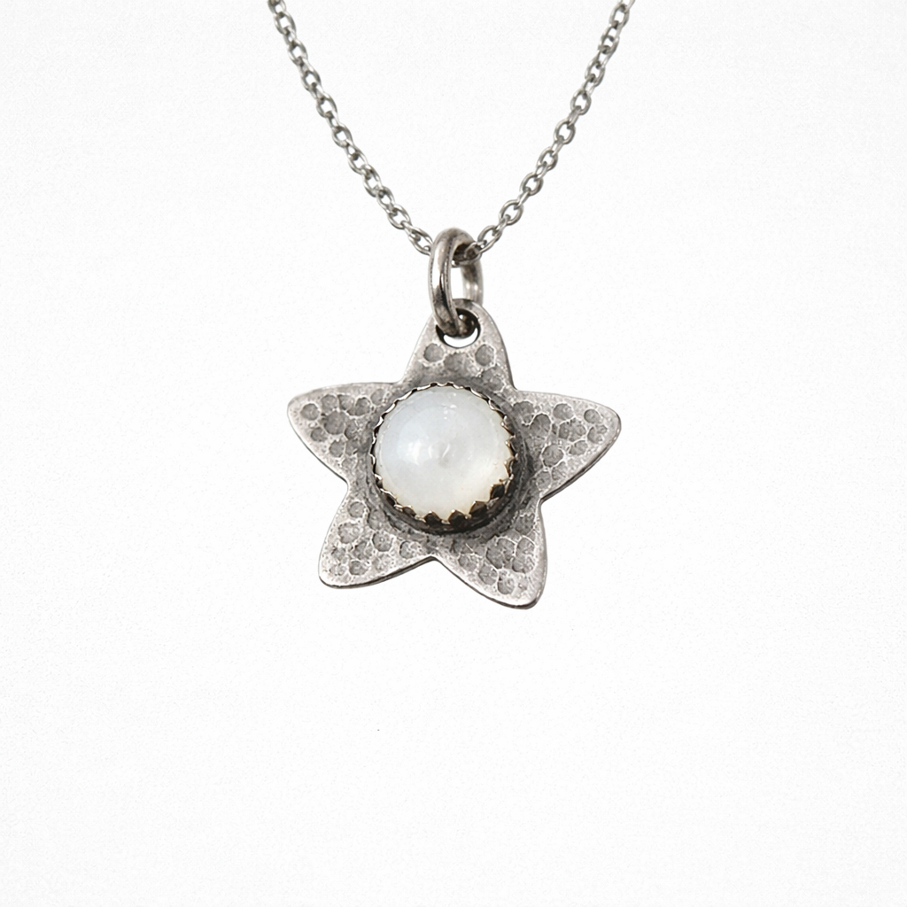 Mother of Pearl, star oxidised sterling silver necklace.