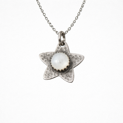 Mother of Pearl, star oxidised sterling silver necklace.