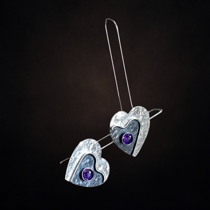 Amethyst heart long sterling silver earrings. February birthstone earrings.