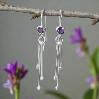 Amethyst birthstone sterling silver dangle earrings.