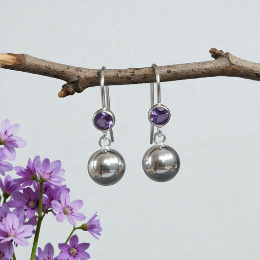 Sterling Silver Amethyst Ball Dangle Earrings