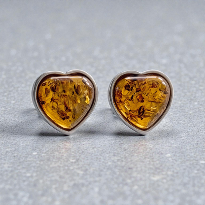 Sterling Silver and Baltic Amber Heart Stud Earrings