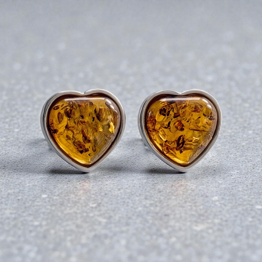 Sterling Silver and Baltic Amber Heart Stud Earrings