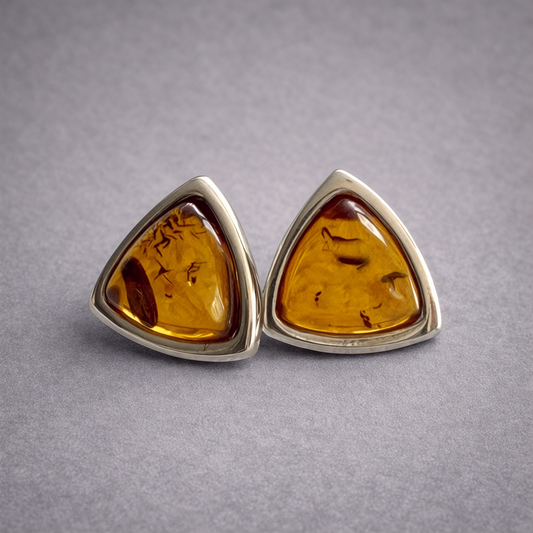 Genuine Baltic Amber and Sterling Silver Triangle Stud Earrings
