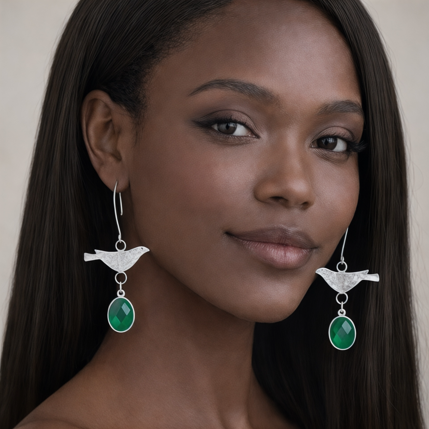 Sterling Silver Green Onyx Bird Dangle Earrings