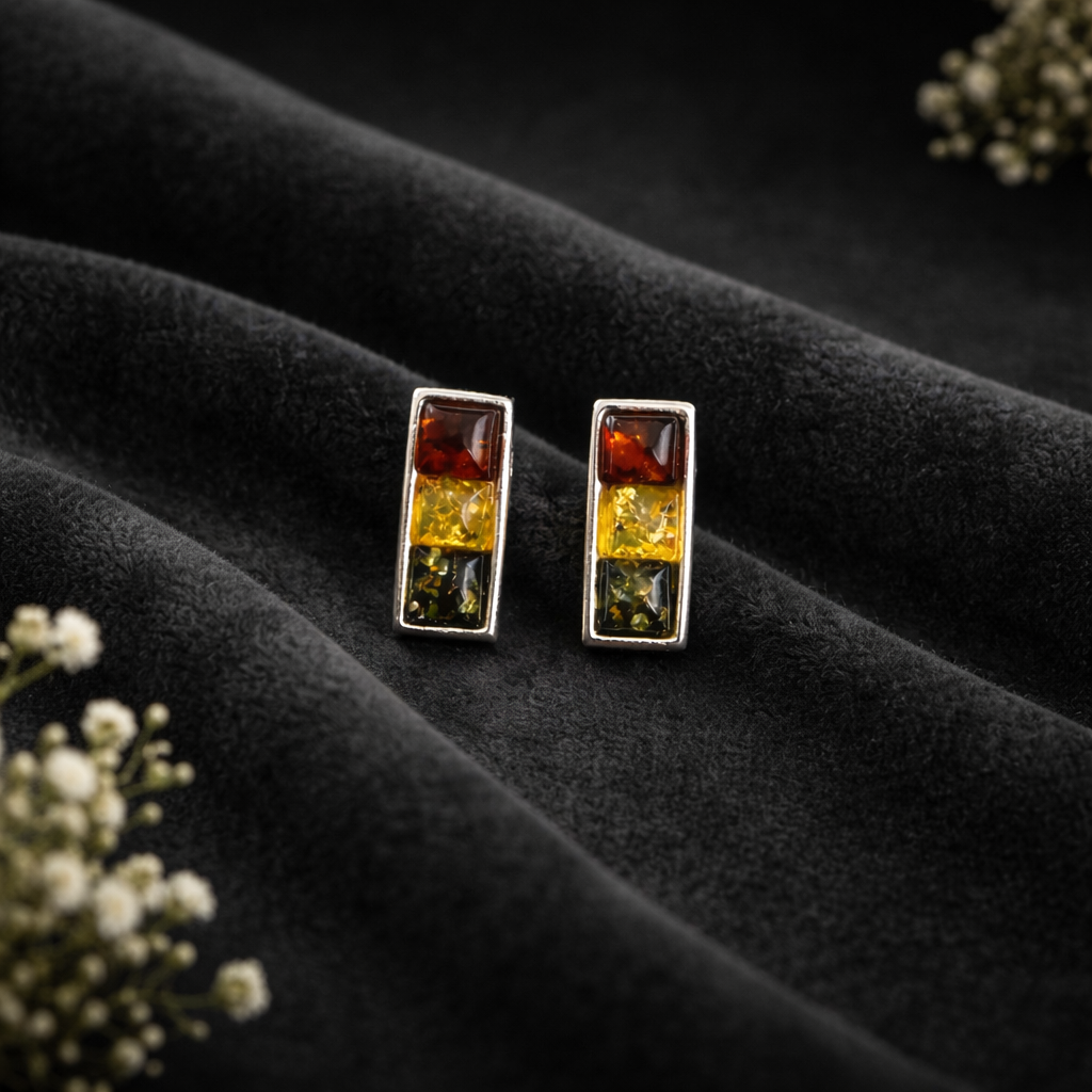 Sterling Silver Stud Earrings with a Trio of Amber Stones