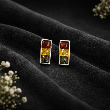 Sterling Silver Stud Earrings with a Trio of Amber Stones