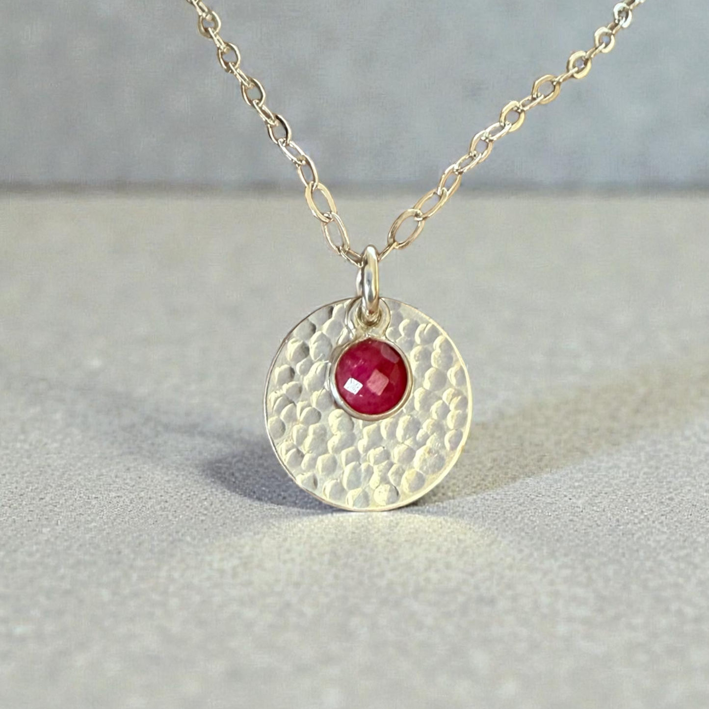 Minimalist Sterling Silver Disc Necklace with Ruby Charm
