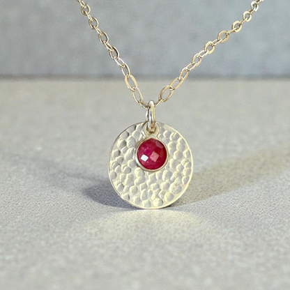 Minimalist Sterling Silver Disc Necklace with Ruby Charm