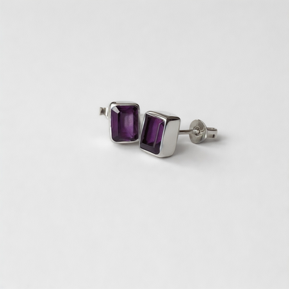 Sterling Silver Amethyst Rectangle Stud Earrings – February Birthstone