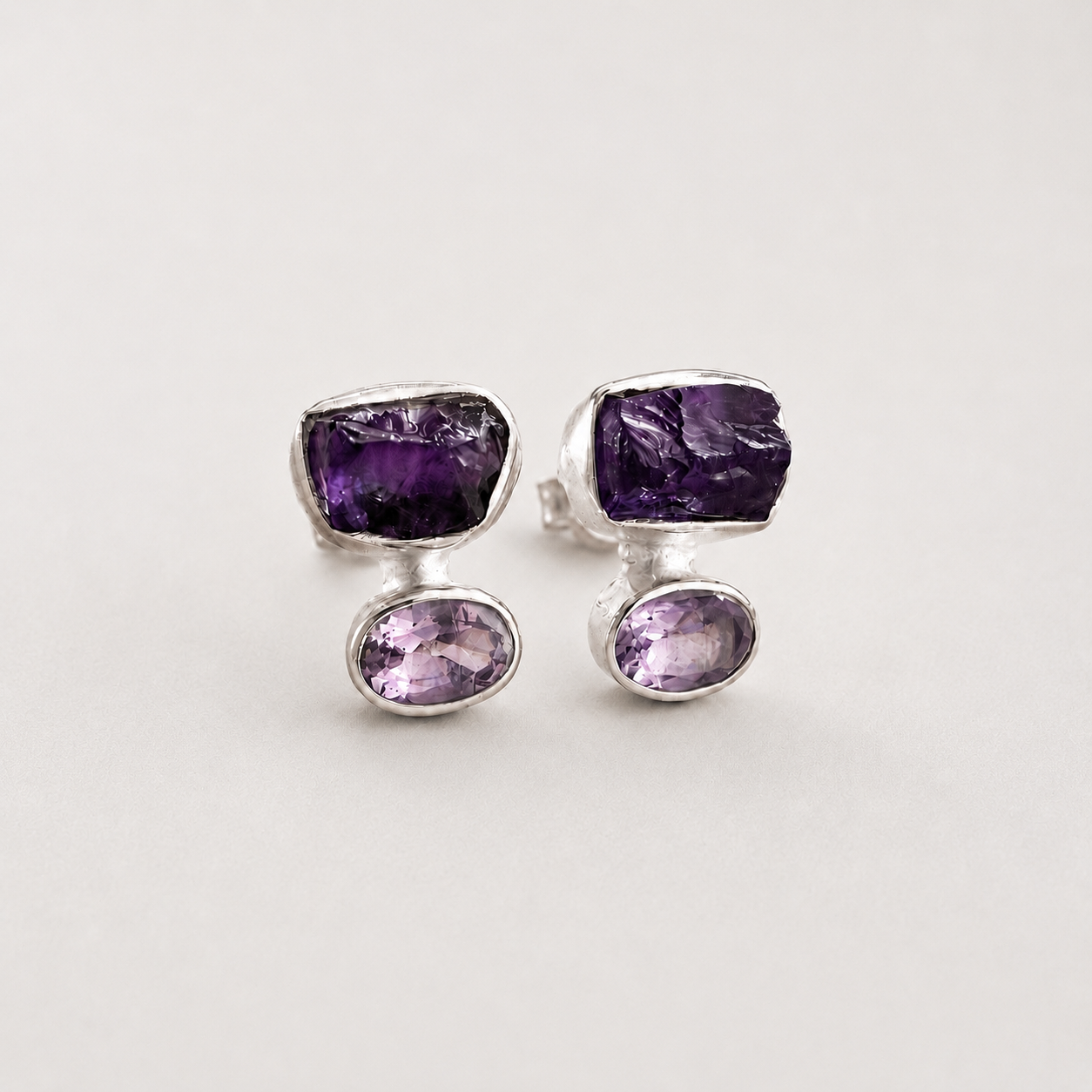 Organic Amethyst Stud Earrings | Sterling Silver | Raw & Faceted Amethyst Earrings