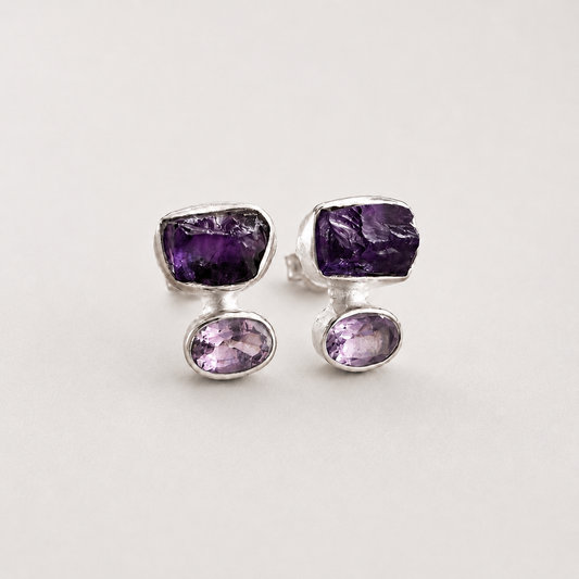 Organic Amethyst Stud Earrings | Sterling Silver | Raw & Faceted Amethyst Earrings