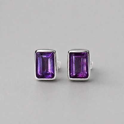 Sterling Silver Amethyst Rectangle Stud Earrings – February Birthstone