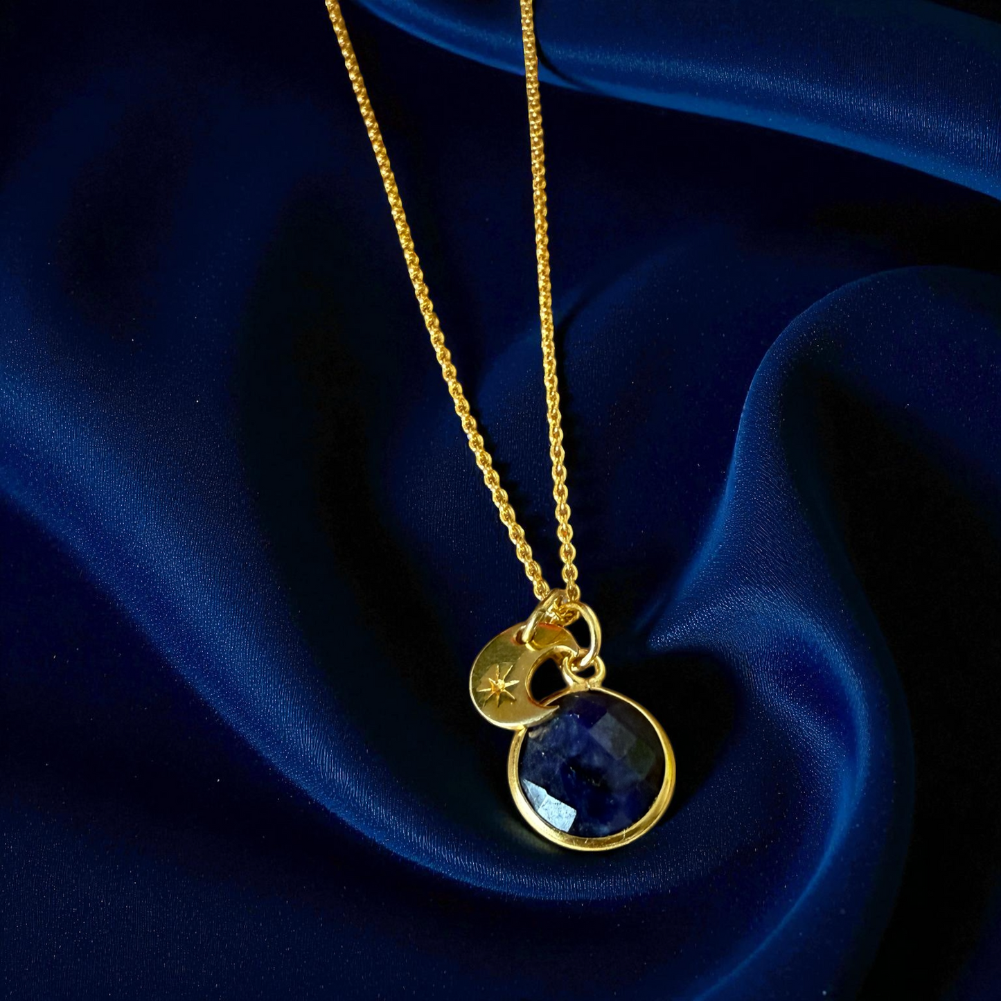 Sapphire & Crescent Moon Gold Vermeil Necklace
