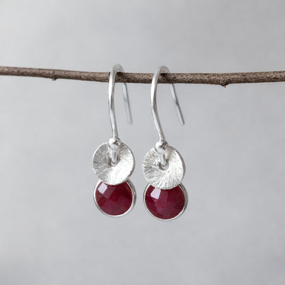 Sterling silver dangle ruby earrings. July birthstone earrings.