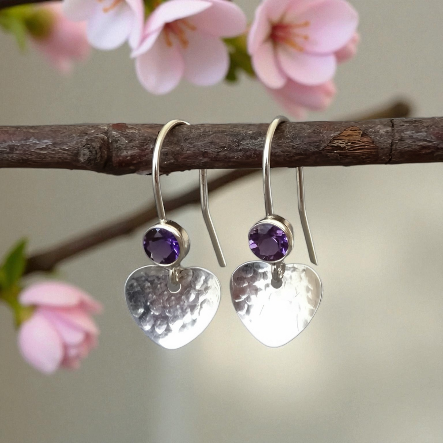 Amethyst & Hammered Heart Earrings in Sterling Silver