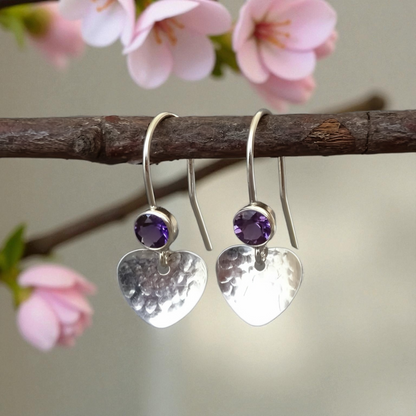 Amethyst & Hammered Heart Earrings in Sterling Silver